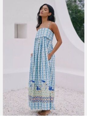 Anthropologie Wedgewood Bird Print Maxi Dress Medium NWT Boho Cotton Sundress